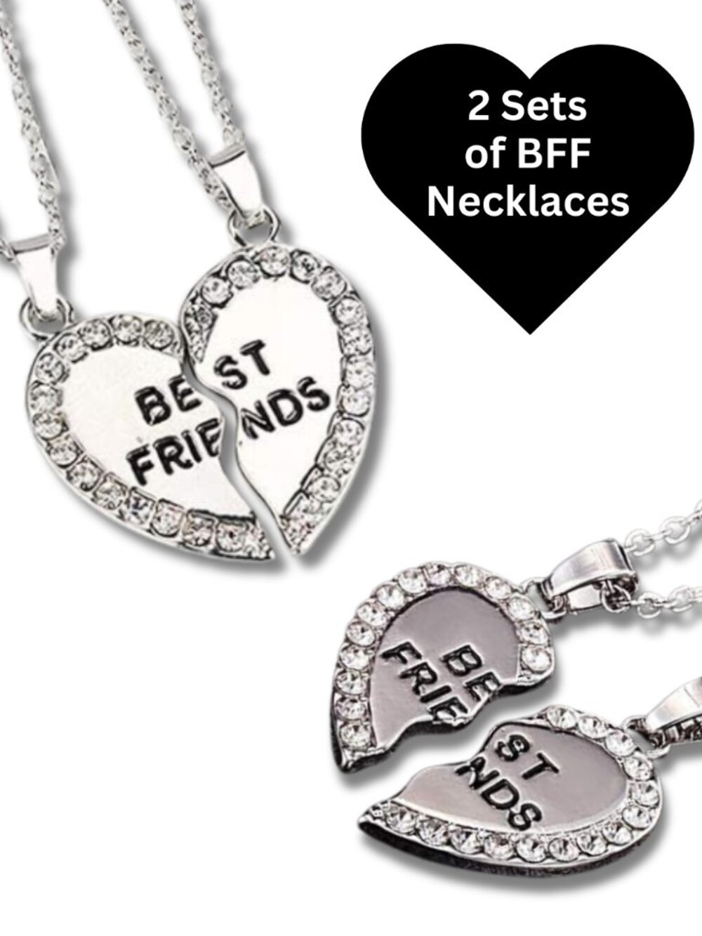 TWO Sets of 2 (4) Silver Plated Heart Theme Friendship BFF Couples Necklaces